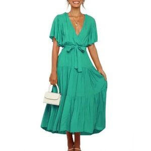 New Women's Maxi Dress Summer Tie Waist Grass Green